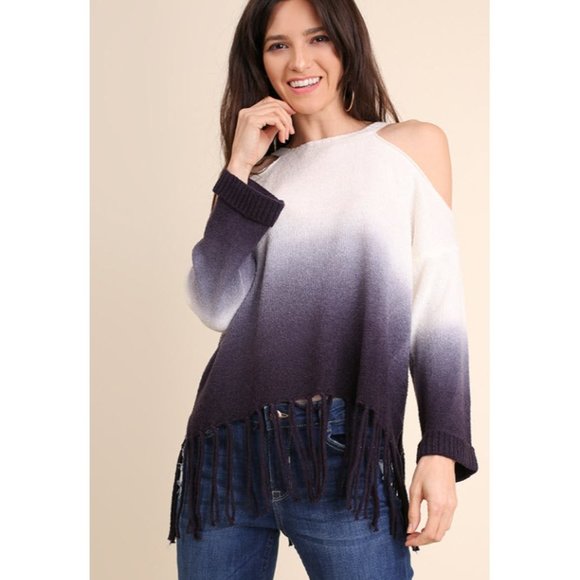 Umgee Ombre Cold Shoulder Fringe Sweater, Navy - Picture 3 of 6